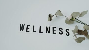 Minimalist image of the word 'wellness' with eucalyptus branch, creating a serene vibe on white background.