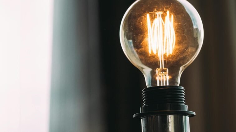 A glowing vintage light bulb adds a warm ambiance, ideal for home decor or office settings.