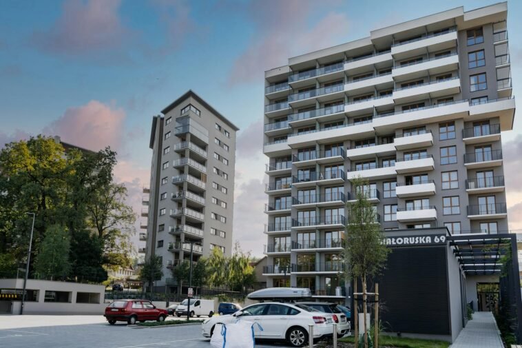 Contemporary residential architecture with modern high-rises on Beloruska 69 street.