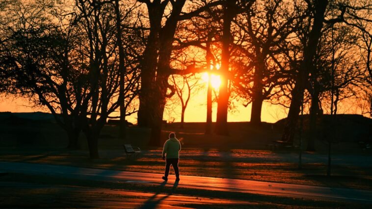 A person walks through Cove Island Park during a vivid autumn sunrise in Stamford, Connecticut.