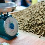 Close-up of a vintage Kusama weight scale beside a large pile of peanuts in natural light.