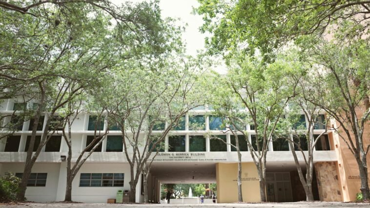 Scenic view of university campus with trees in Coral Gables, Florida, USA.