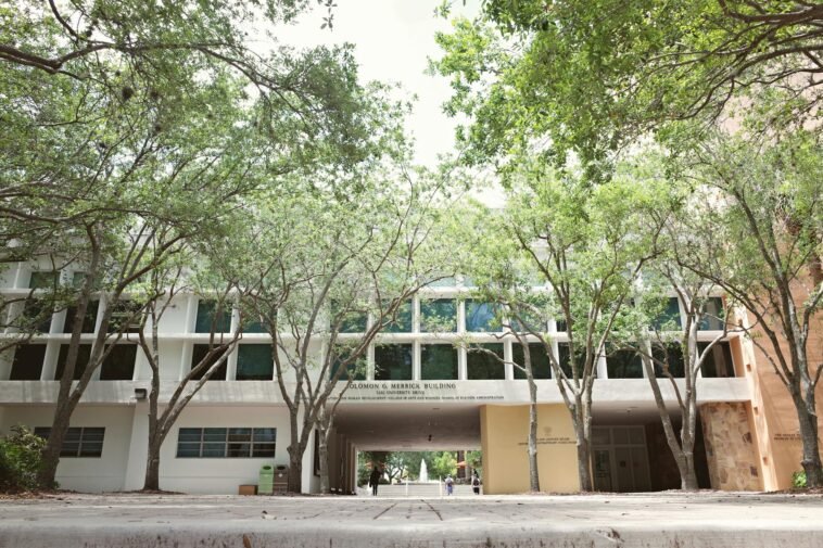Scenic view of university campus with trees in Coral Gables, Florida, USA.