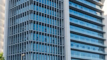 Close-up of a modern highrise building showcasing a glass facade with reflections.