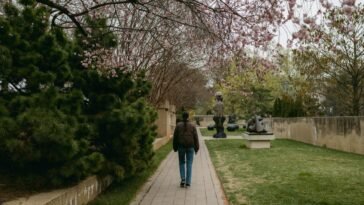 Woman walking under blooming trees in a sculpture garden during spring.